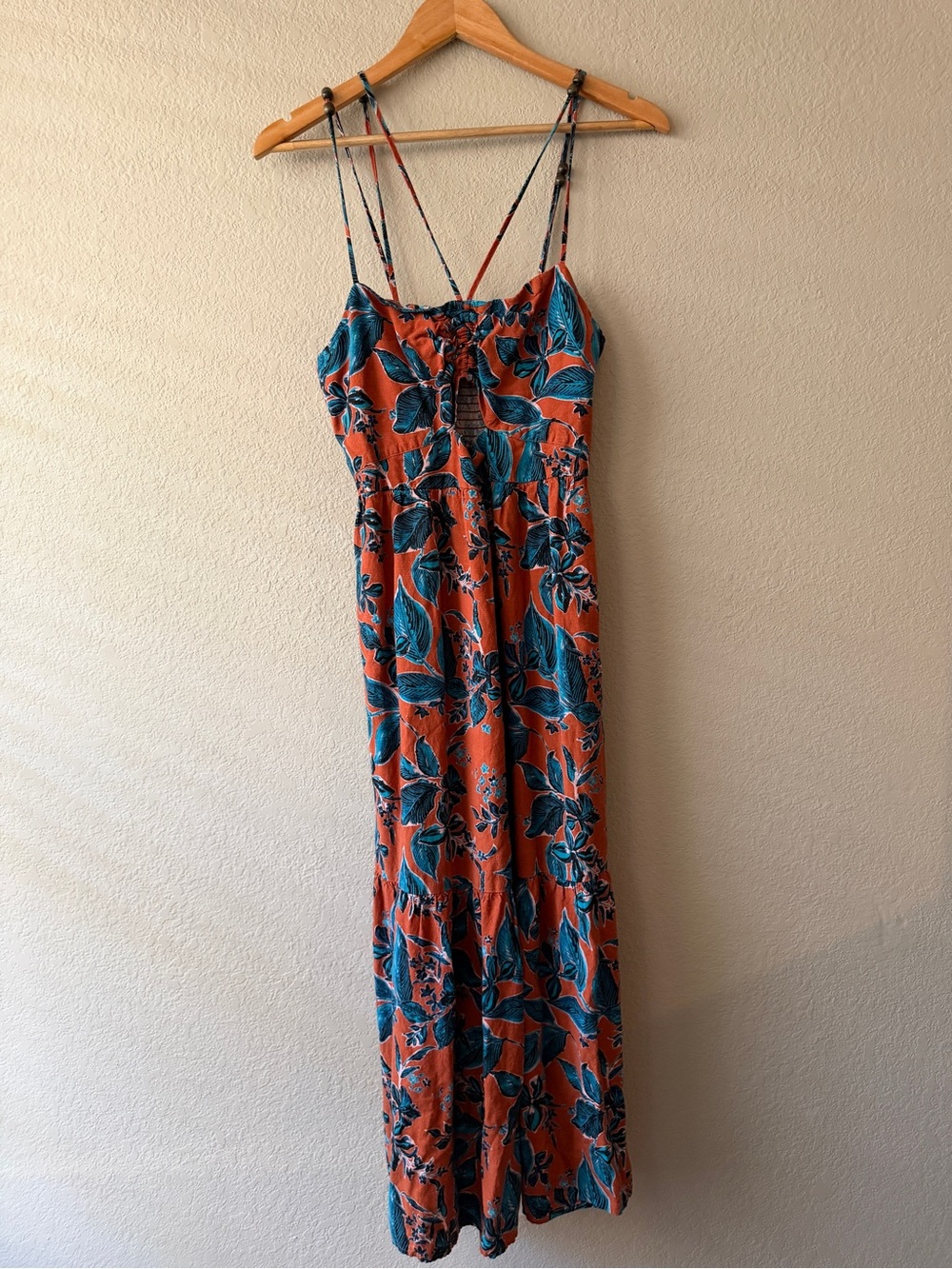 Jason Wu Terracotta Linen Maxi Dress with Blue Floral Print Beaded Straps Large